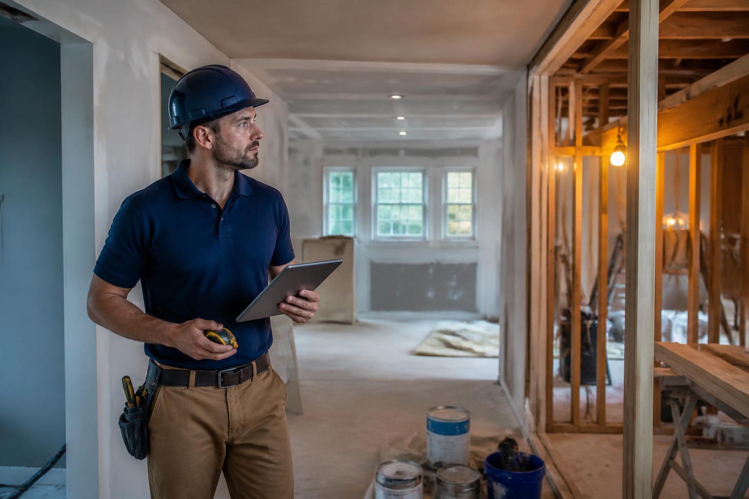 Spartan Home Services crew member inspecting an interior rebuild with a tablet and measuring tape