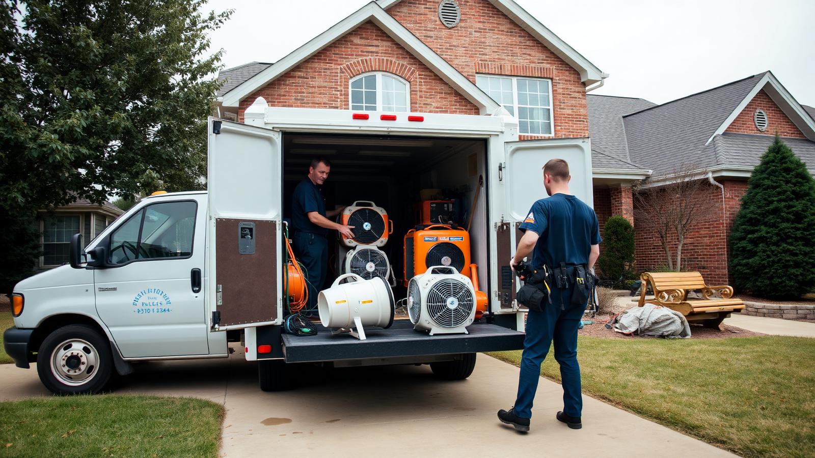 Placeholder photo of a restoration crew unloading drying fans from a work truck at a Bixby area home