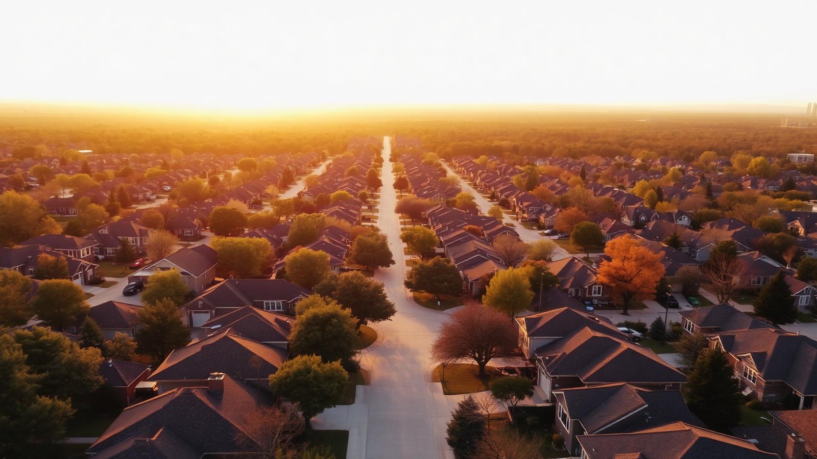 Aerial view of a Greater Tulsa area neighborhood at sunset