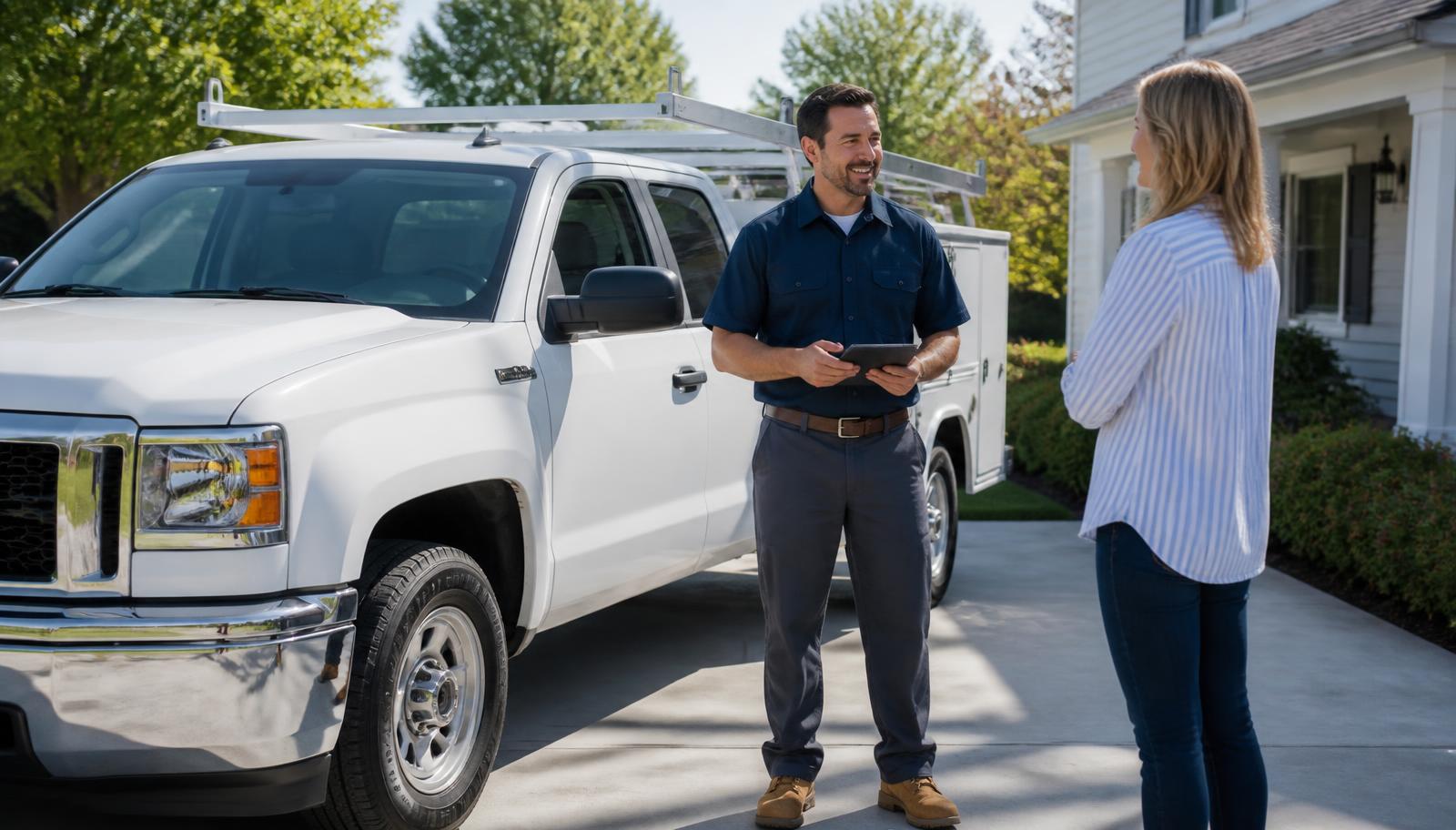 Spartan Home Services technician talking with a homeowner beside a service truck in a Bixby driveway