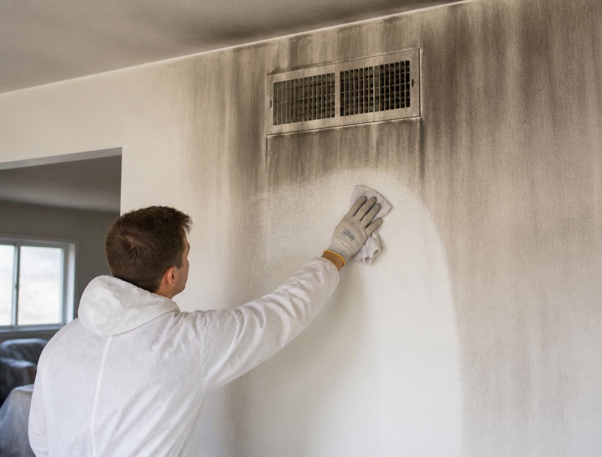 Soot staining spread across a white ceiling around an HVAC return vent