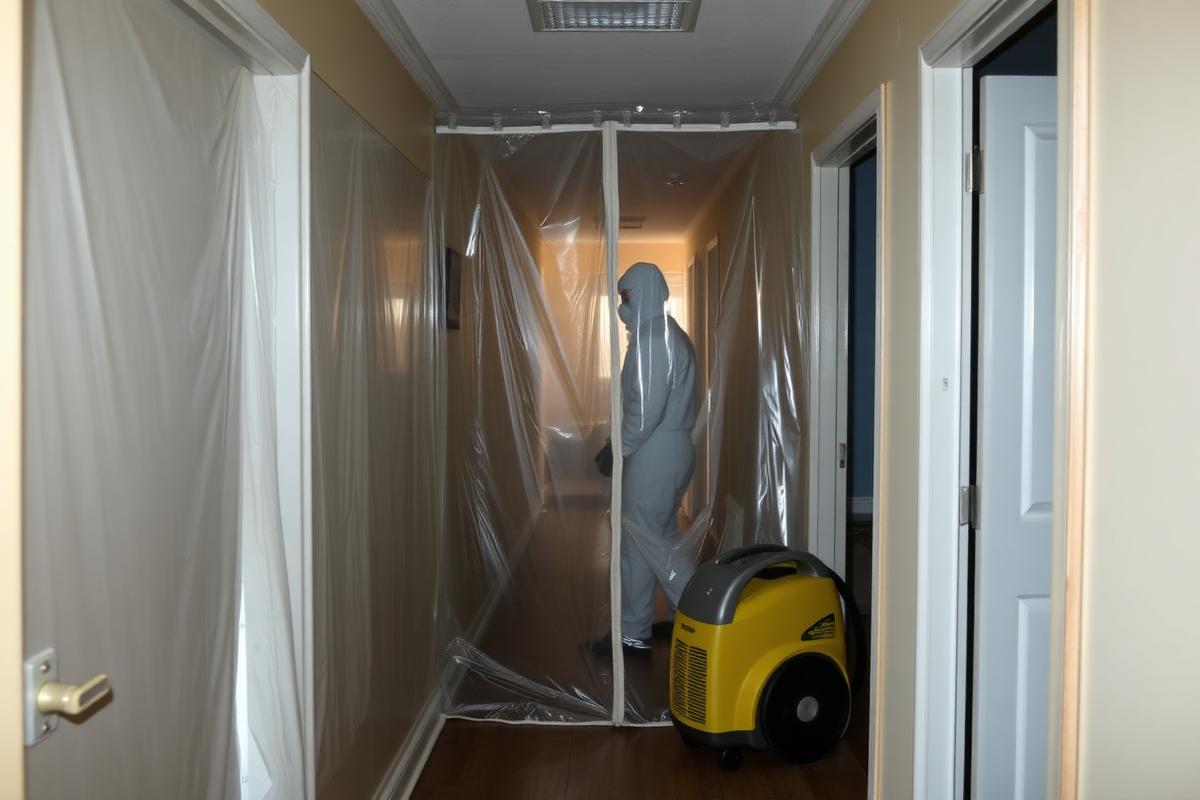 Plastic containment barrier and air scrubber set up in a hallway during mold remediation