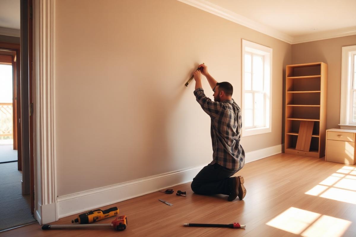 Carpenter installing new baseboard and drywall in a rebuilt living room