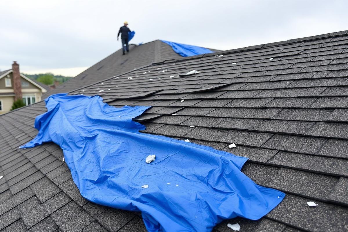 Blue emergency tarp installed over hail damaged shingles on a home roof