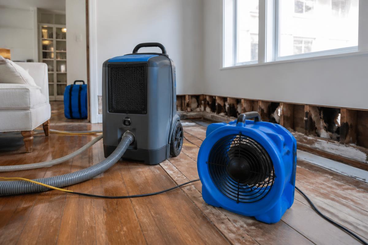 Commercial dehumidifier and air mover drying a hardwood floor with the wet drywall removed