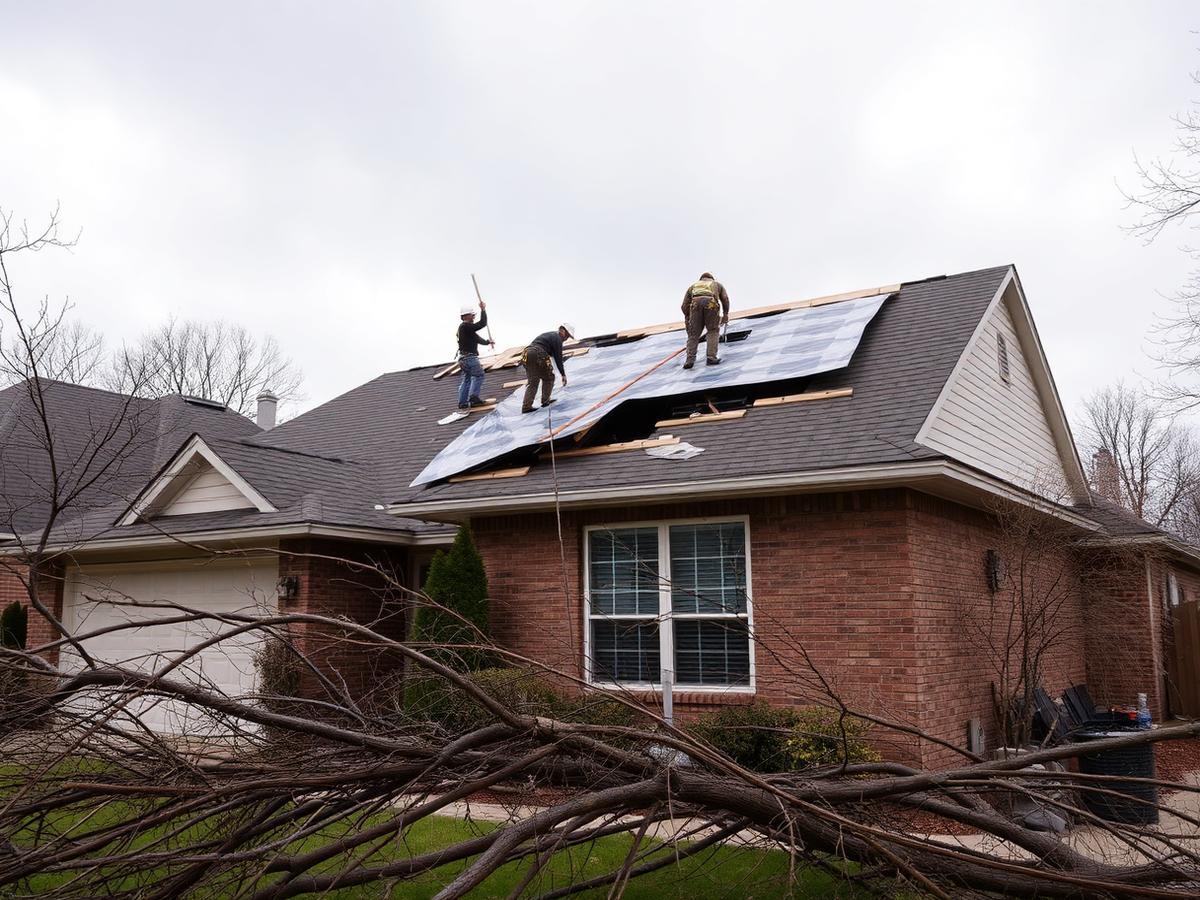 Crew tarping a storm damaged roof with fallen tree limbs in the yard
